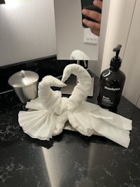 swan towels on a counter next to a soap dispenser