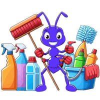 a cartoon ant holding cleaning supplies and a broom